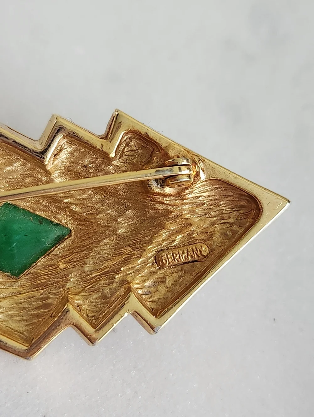 Christian Dior Gold Tone Geometric Brooch with Emerald Green Center and Crystals